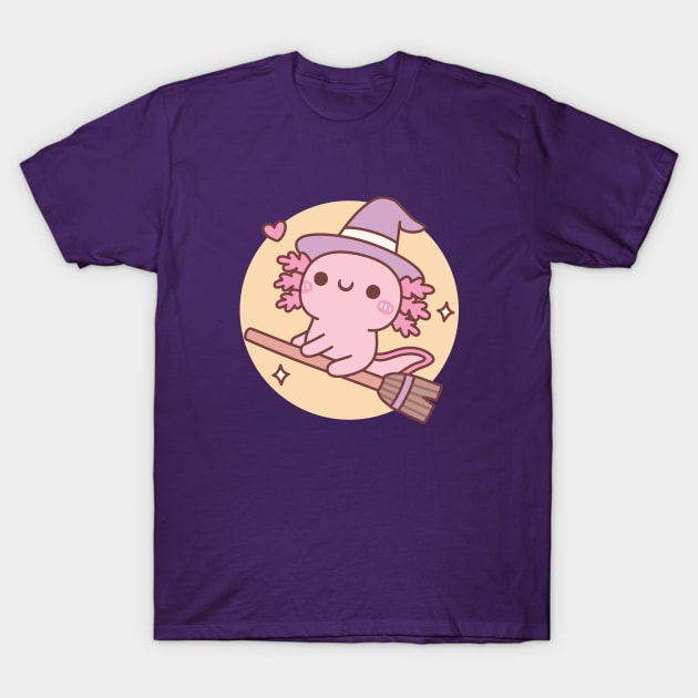 Cute Axolotl Witch Flying On A Broom Over The Moon T-Shirt by rustydoodle